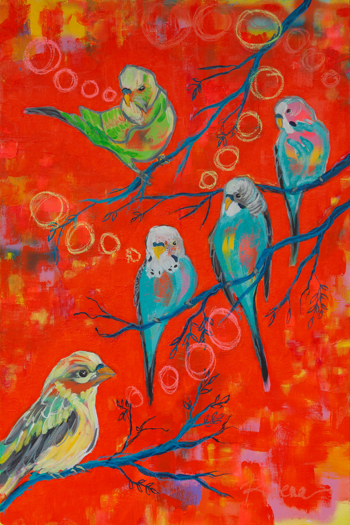 #22 in the Seasons Change Collection, titled New Season, features a community of five parakeets on an orange background, singing in this new season